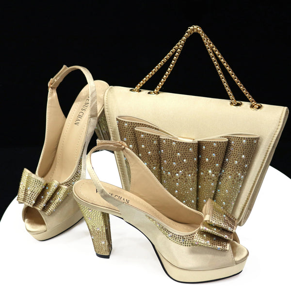 Elegant Italian Gold Evening Shoes and Handbag Set with Stones - Perfect for Parties!